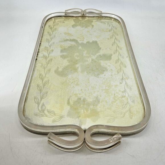 Vintage Etched Roses mirrored Lucite handles Vanity or Serving Tray - Picture 2 of 4